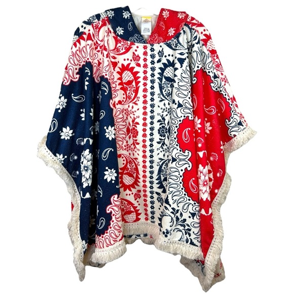 Agua Bendita, Women’s ‘Delailah’ Towel Poncho Cover-Up Paisley Blue/Red One Size - Picture 3 of 17